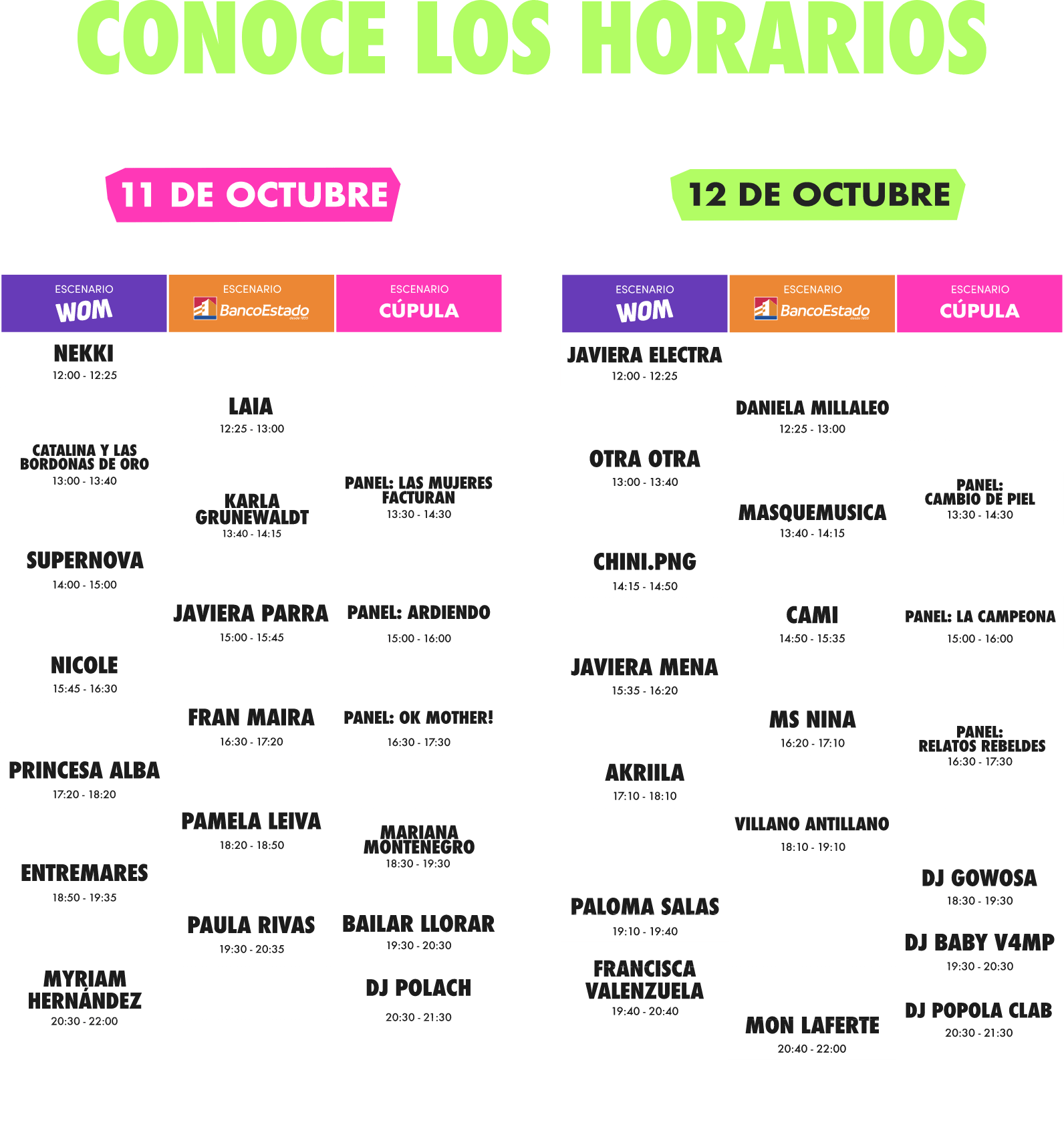 Horarios shows artistas