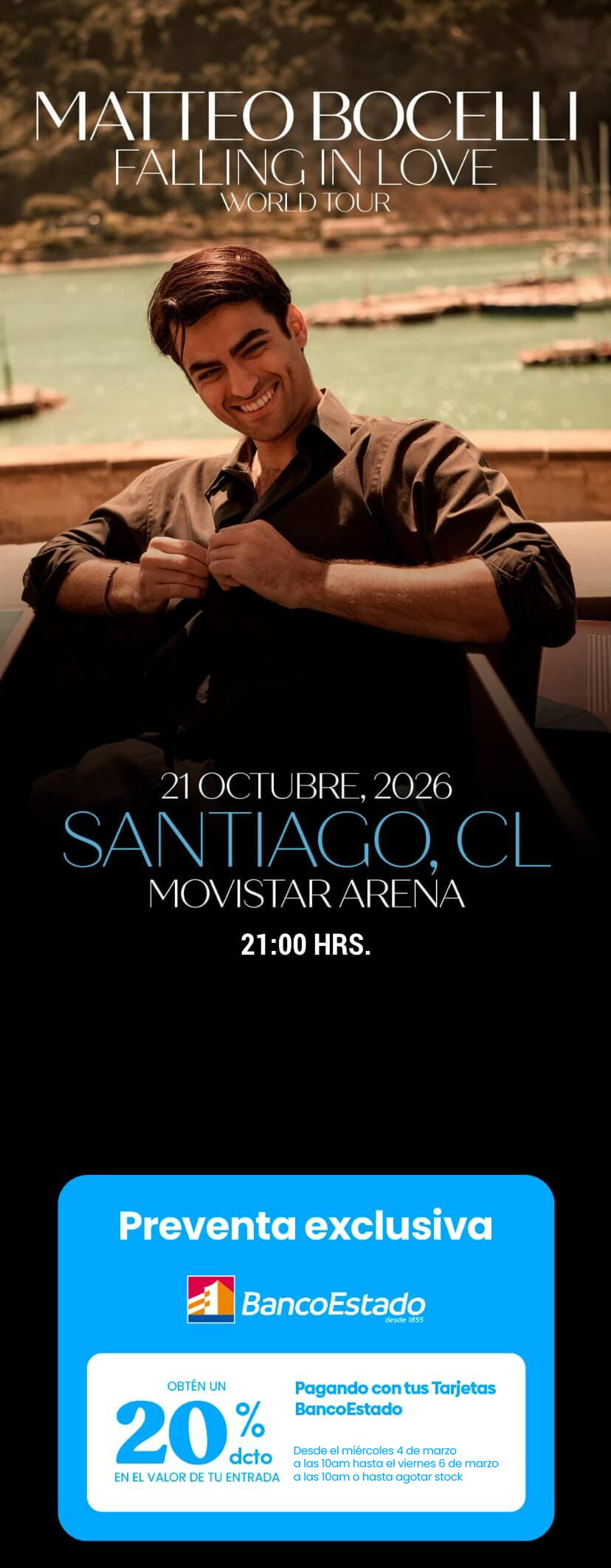 Matteo Bocelli en Chile · Falling in Love World Tour · 21 de octubre en Movistar Arena · Punto Ticket