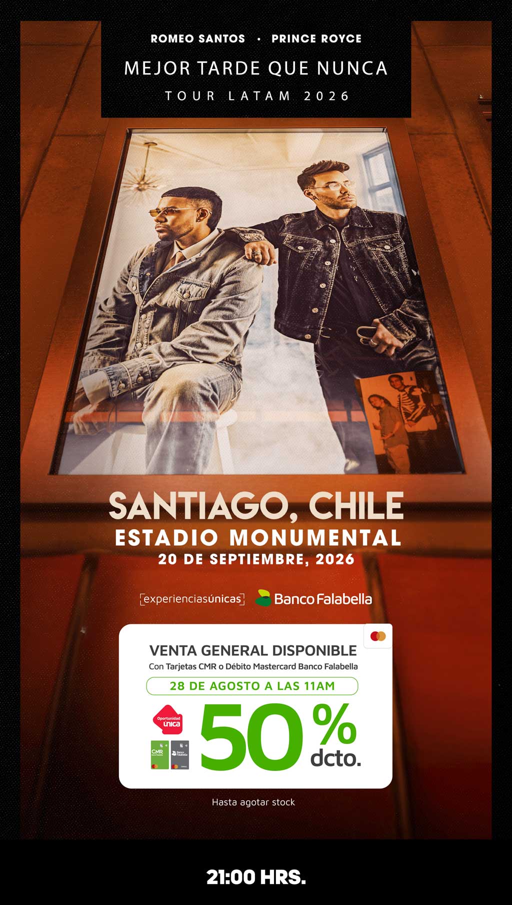 Romeo Santos y Prince Royce en Chile 2026 | Mejor Tarde que Nunca en Estadio Monumental – 20 de septiembre 21:00 hrs