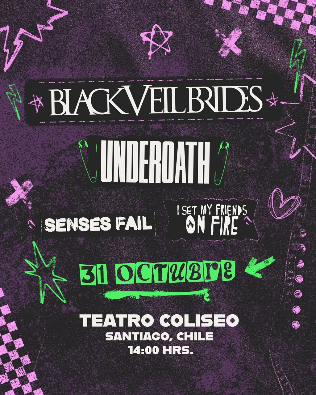 Black Veil Brides, Underoath, SENSES FAIL & I SET MY FRIENDS ON FIRE y más en Chile 2025: 31 de octubre en Teatro Coliseo | Noche épica de post-hardcore y metalcore | Entradas por Punto Ticket