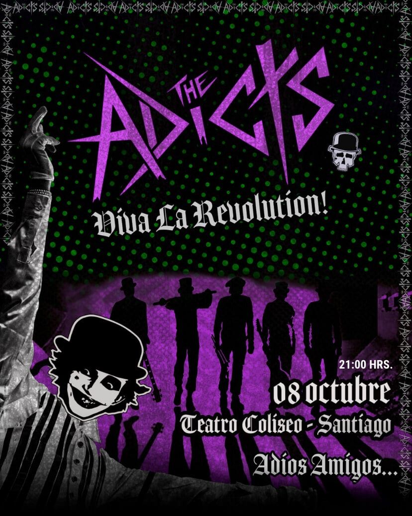 The Adicts en Teatro Coliseo – Viva La Revolution! Tour, 8 de octubre 2025 a las 21:00 hrs. Una noche de punk rock y energía imperdible. Asegura tu entrada ahora en Punto Ticket.