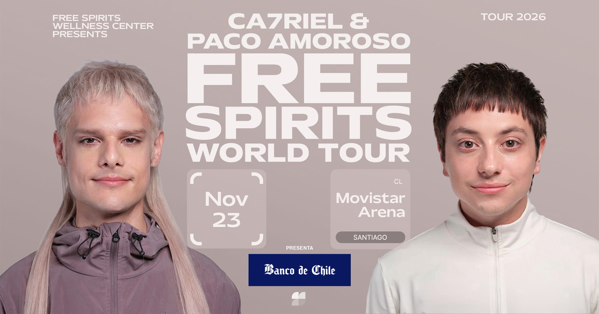 CA7RIEL & PACO AMOROSO en Chile 2026 | Free Spirits World Tour en Movistar Arena – 23 de noviembre | Entradas por Punto Ticket