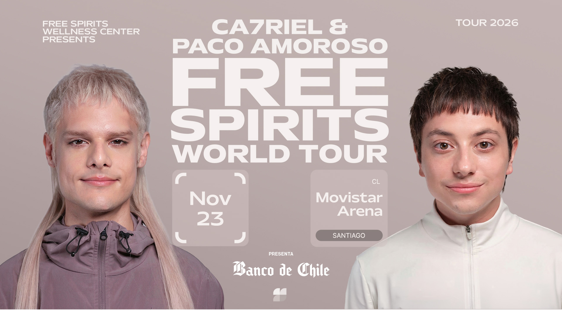 CA7RIEL & PACO AMOROSO en Chile 2026 | Free Spirits World Tour en Movistar Arena – 23 de noviembre | Entradas por Punto Ticket