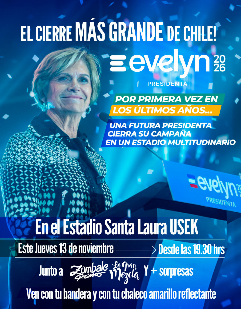 Evelyn Matthei - Cierre de campaña en Estadio Santa Laura - Universidad SEK | 13 de noviembre - Un encuentro para celebrar al país