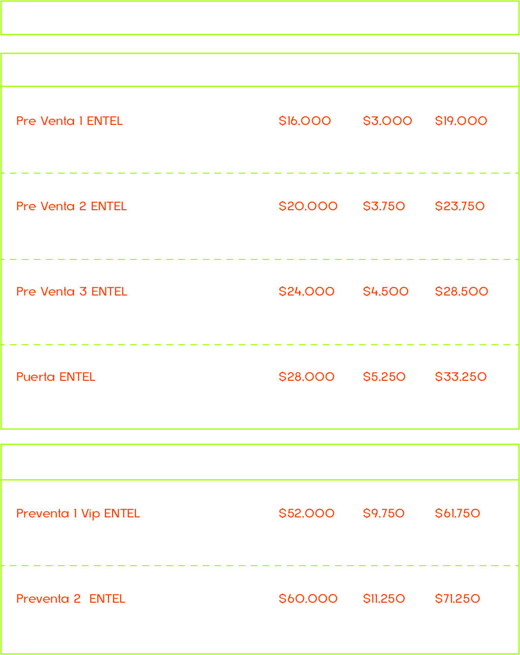 tabla de precios