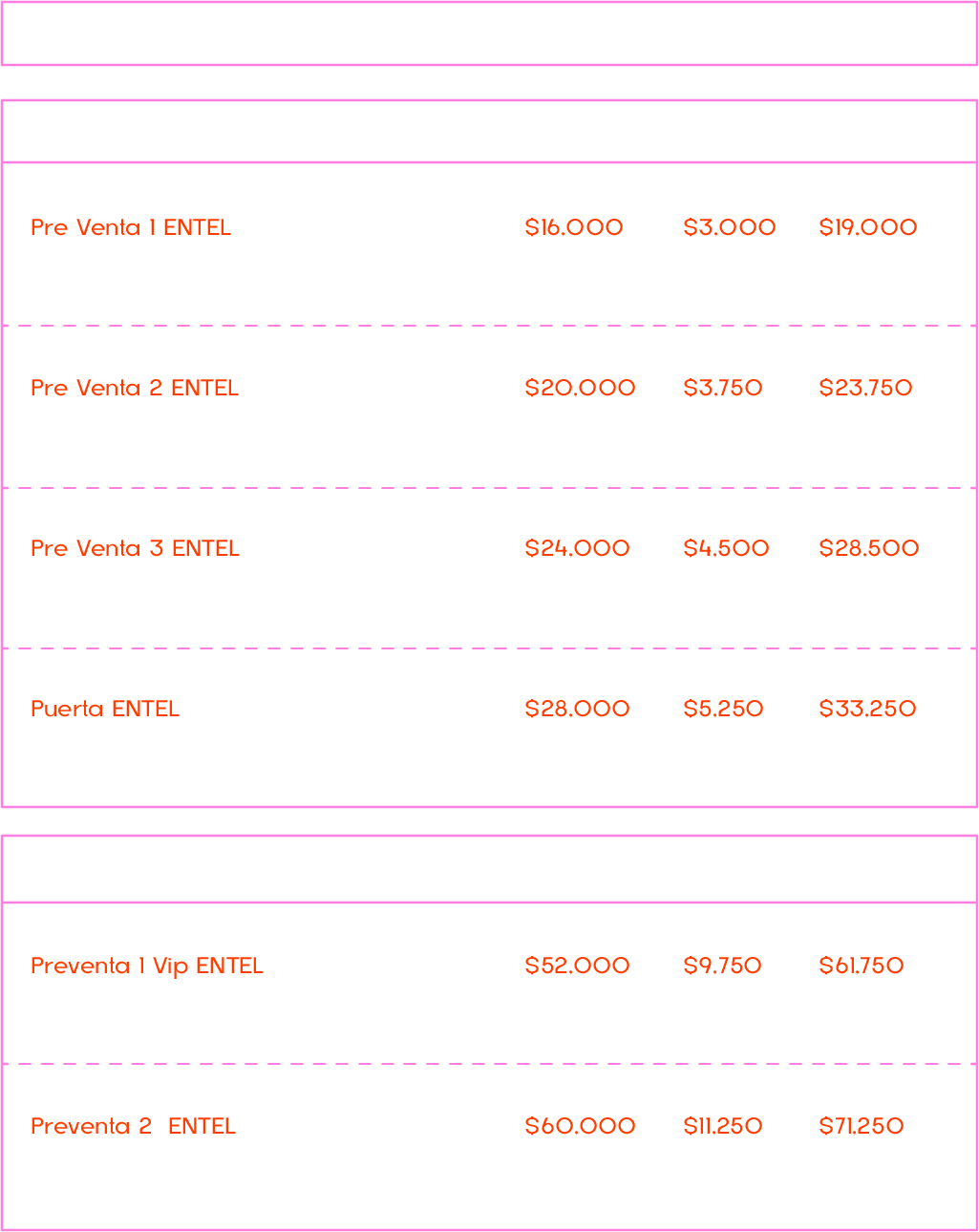 tabla de precios