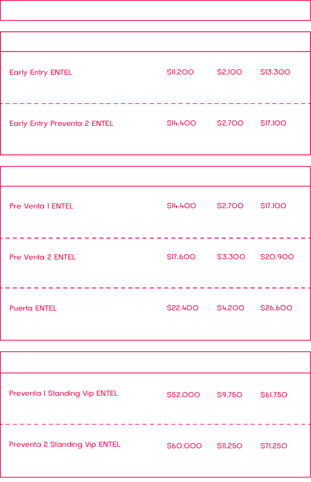 tabla de precios