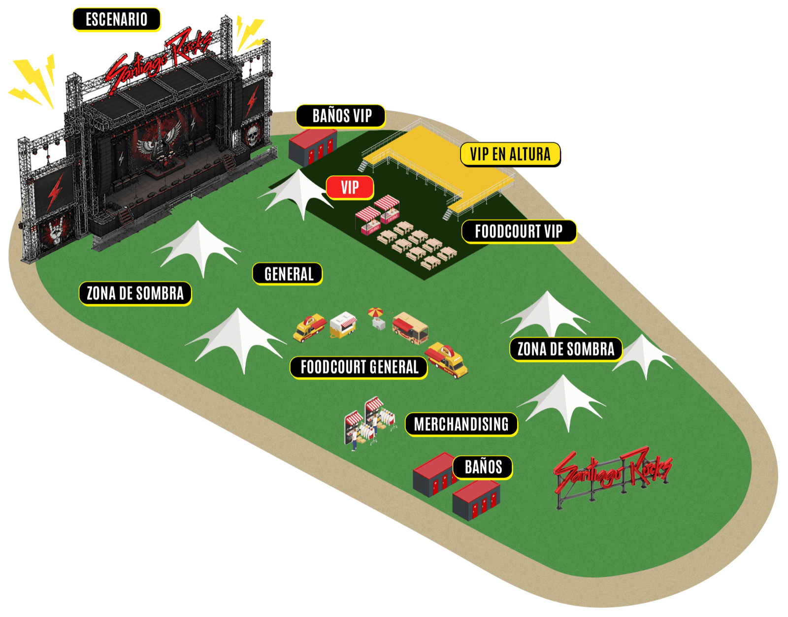 Mapa del recinto: escenario, Cancha General con zonas de sombra, sector VIP con foodcourt y baños propios, VIP en Altura, foodcourt general, merchandising y baños