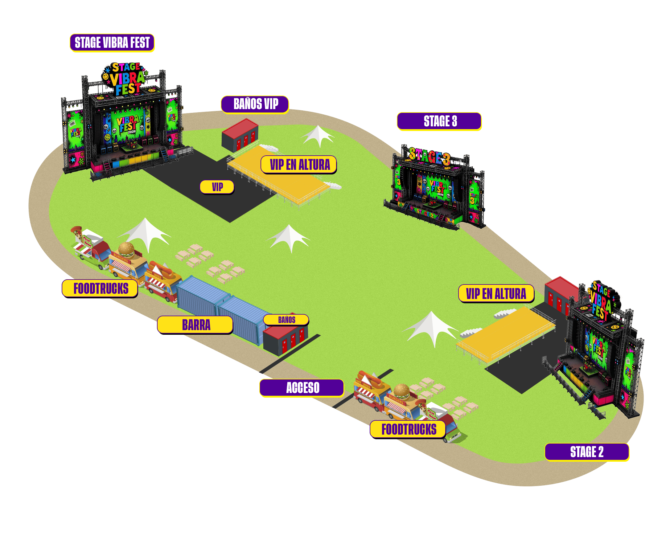 Mapa del festival: Stage Vibra Fest y Stage 2 en los extremos del Hipódromo, zonas VIP y VIP en Altura al centro, barra VIP y baños VIP al norte, foodtrucks, barras y baños en ambos sectores, acceso por el sur