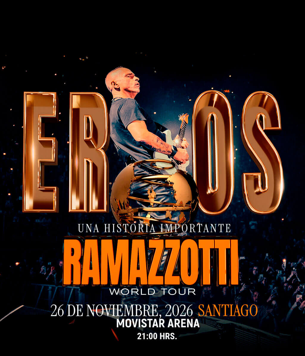 Eros Ramazzotti en Movistar Arena – Una historia importante World Tour, 26 de noviembre 2026 a las 21:00 hrs. Vive una noche cargada de romanticismo y grandes clásicos. Asegura tu entrada ahora en Punto Ticket.