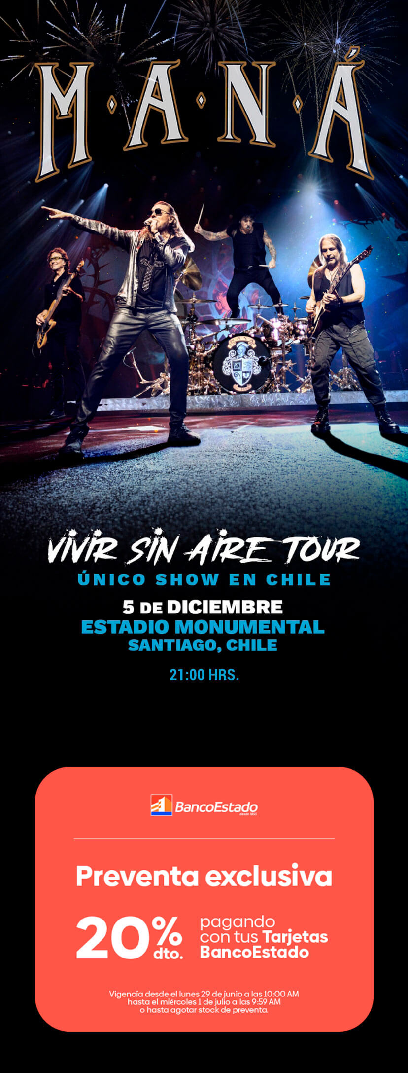 Maná en Chile 2026 | Vivir Sin Aire Tour en Estadio Monumental – 5 de diciembre 21:00 hrs