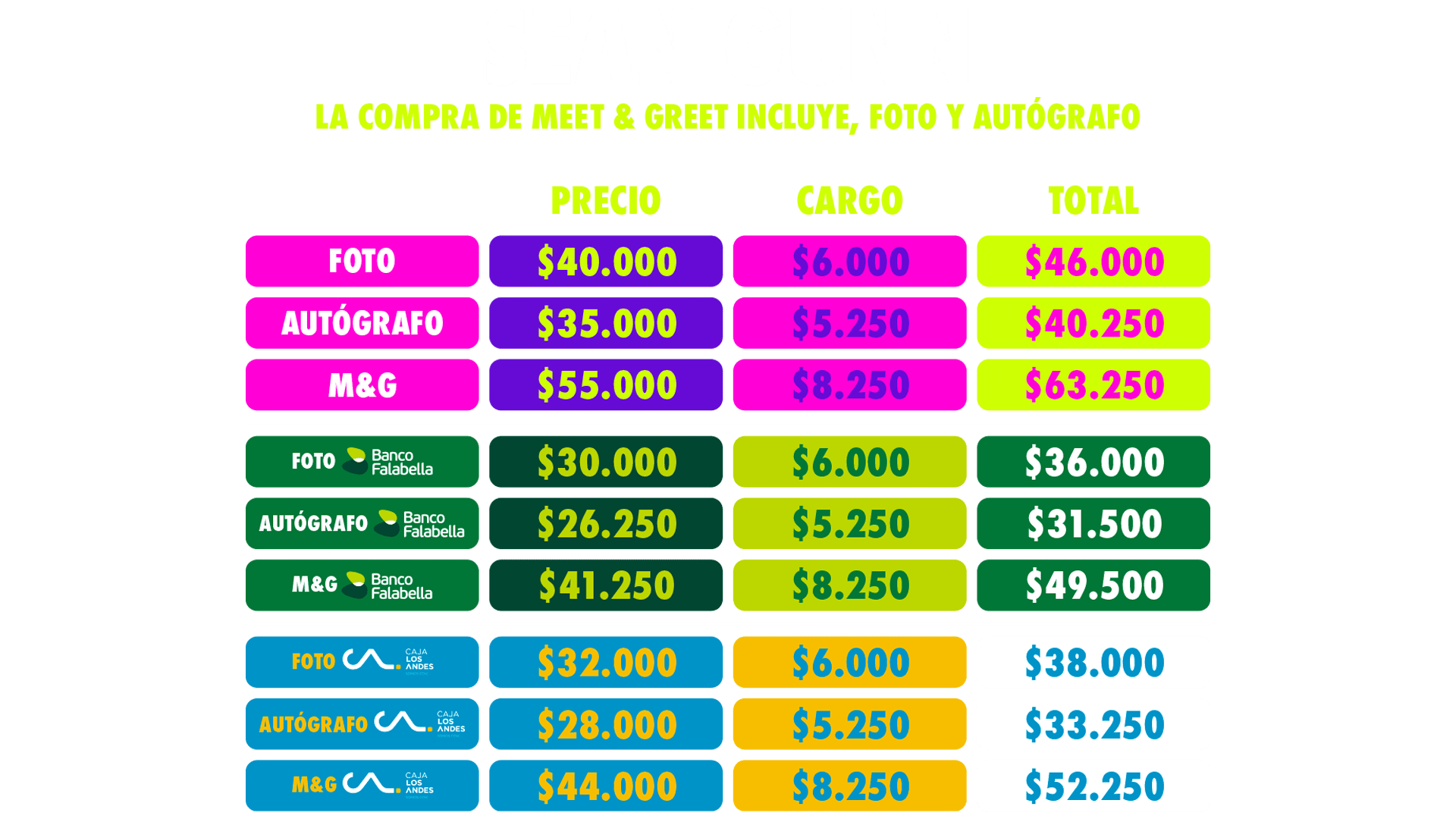 tabal precios artista sean