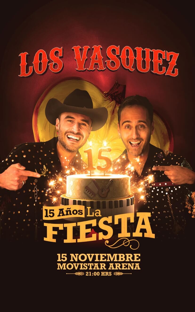Los Vásquez – 15 Años La Fiesta en Movistar Arena, 15 de noviembre 2025 a las 21:00 hrs. Celebra junto a la banda sus grandes éxitos en una noche imperdible. Asegura tu entrada ahora en Punto Ticket.