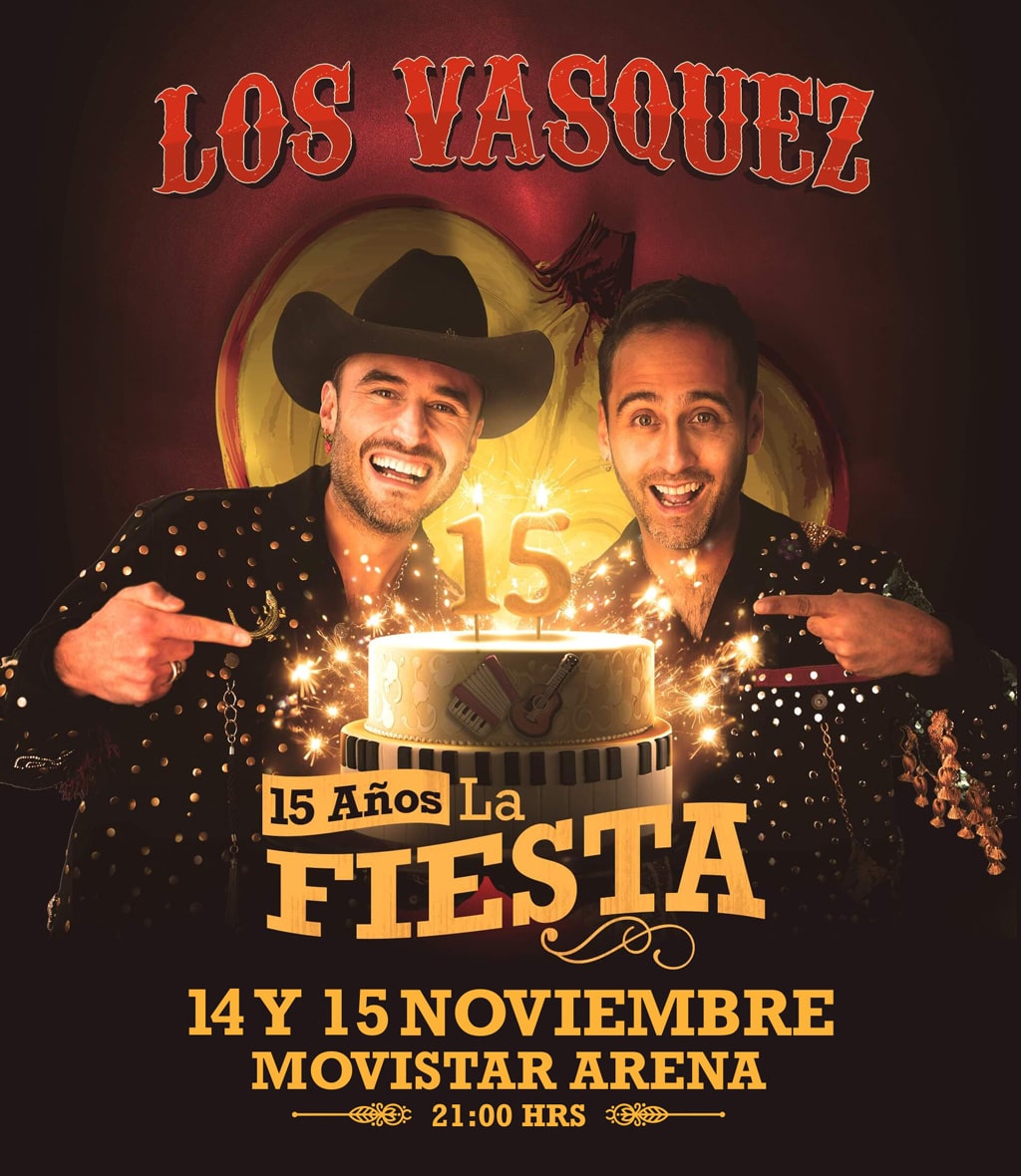 Los Vásquez - 15 Años La Fiesta en Movistar Arena, 14 y 15 de noviembre 2025 a las 21:00 hrs. Celebra junto a la banda sus grandes éxitos en una noche imperdible. Asegura tu entrada ahora en Punto Ticket.