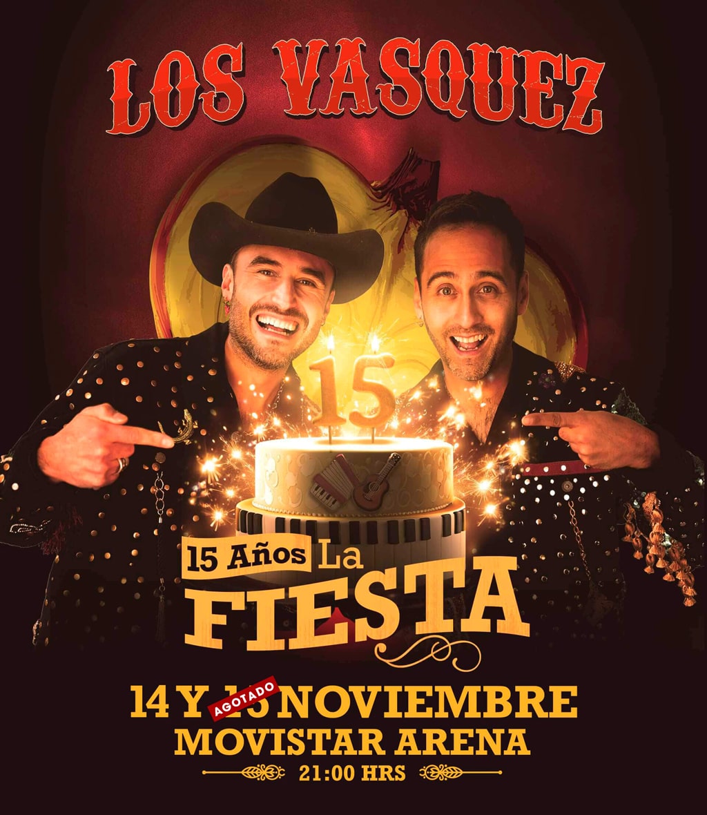 Los Vásquez - 15 Años La Fiesta en Movistar Arena, 14 y 15 de noviembre 2025 a las 21:00 hrs. Celebra junto a la banda sus grandes éxitos en una noche imperdible. Asegura tu entrada ahora en Punto Ticket.